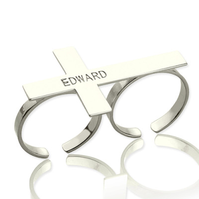 Custom Two finger Cross Ring Engraved Name Sterling Silver - Name My Jewellery
