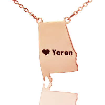 Custom Alabama State USA Map Necklace With Heart  Name Rose Gold - Name My Jewellery