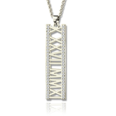 Roman Numeral Vertical Necklace With Birthstones Sterling Silver  - Name My Jewellery