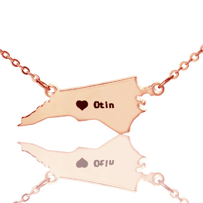 Personalised NC State USA Map Necklace With Heart  Name Rose Gold - Name My Jewellery