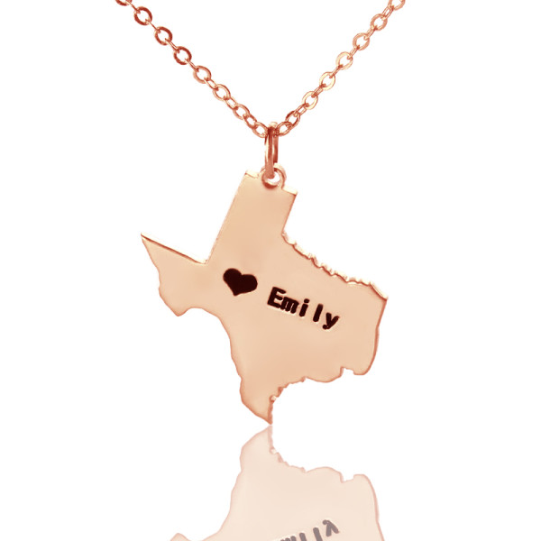 Texas State USA Map Necklace With Heart  Name Rose Gold - Name My Jewellery