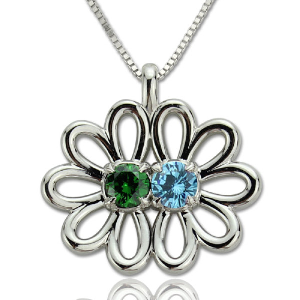 Personalised Double Flower Pendant with Birthstone Sterling Silver  - Name My Jewellery