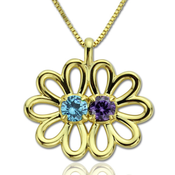Personalised Double Flower Pendant with Birthstone 18ct Gold Plated Silver  - Name My Jewellery