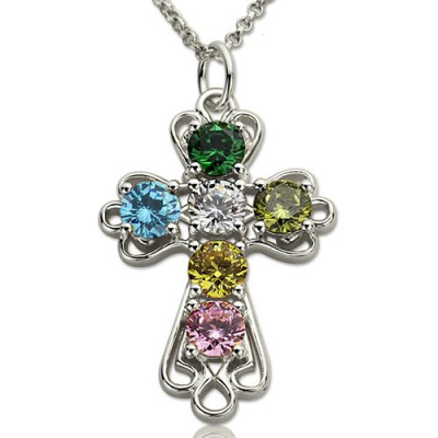 Personalised Cross Necklace with Birthstones Sterling Silver  - Name My Jewellery