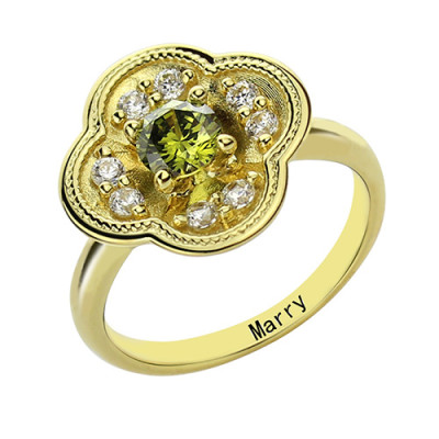 Blossoming Engagement Ring Engraved Birthstone 18ct Gold Plated  - Name My Jewellery