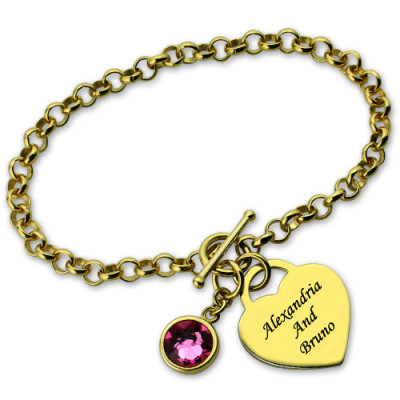 Engravable Birthstone Bracelet with Heart  Name Charm 18ct Gold Plate  - Name My Jewellery