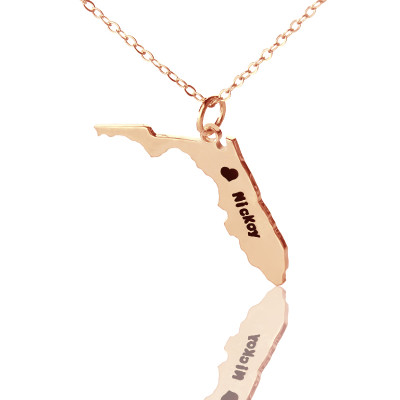 Custom Florida State USA Map Necklace With Heart  Name Rose Gold - Name My Jewellery
