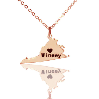Virginia State USA Map Necklace With Heart  Name Rose Gold - Name My Jewellery