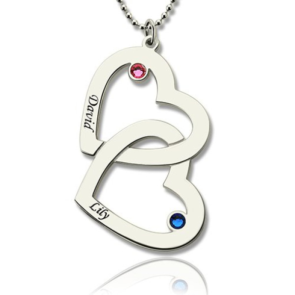 Double Heart Necklace with Name  Birthstones Sterling Silver  - Name My Jewellery