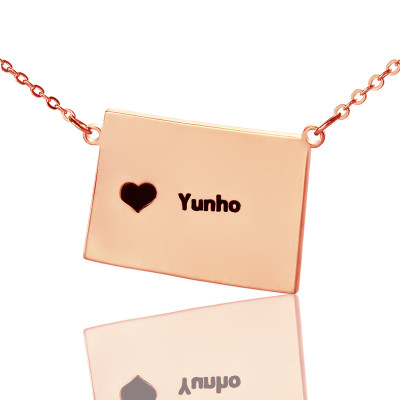 Wyoming State Shaped Map Necklaces With Heart  Name Rose Gold - Name My Jewellery