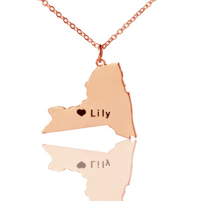 Personalised NY State Shaped Necklaces With Heart  Name Rose Gold - Name My Jewellery