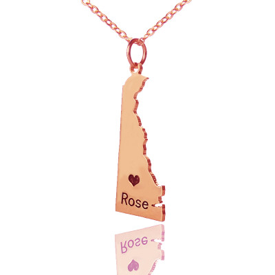 Custom Delaware State Shaped Necklaces With Heart  Name Rose Gold - Name My Jewellery