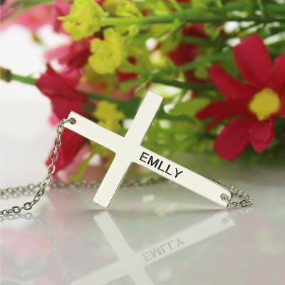 Silver Latin Cross Necklace Engraved Name 1.25" - Name My Jewellery