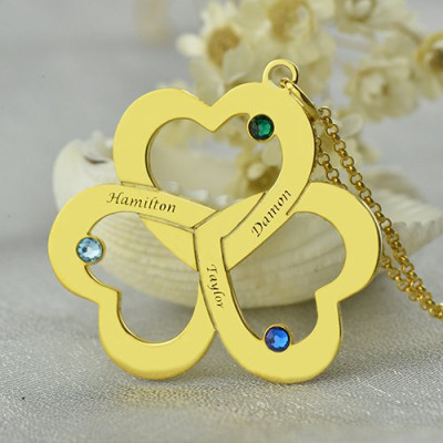 Birthstone Triple Heart Necklace Engraved Name in 18ct Gold Plated  - Name My Jewellery