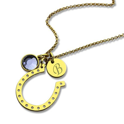 Birthstone Horseshoe Lucky Necklace with Initial Charm 18ct Gold Plate  - Name My Jewellery