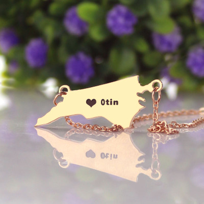 Personalised NC State USA Map Necklace With Heart  Name Rose Gold - Name My Jewellery