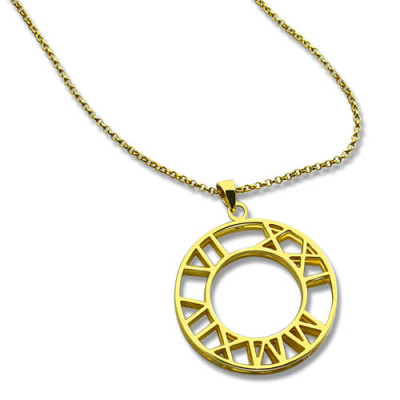 Double Circle Roman Numeral Necklace Clock Design Gold Plated Silver - Name My Jewellery