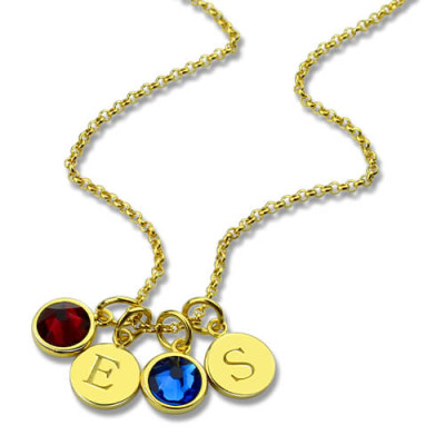 Custom Double Discs Initial Necklace with Birthstones In Gold  - Name My Jewellery