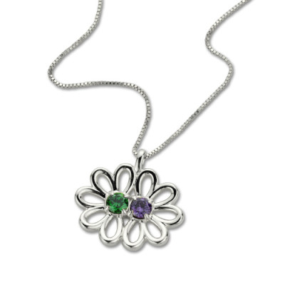 Personalised Double Flower Pendant with Birthstone Sterling Silver  - Name My Jewellery