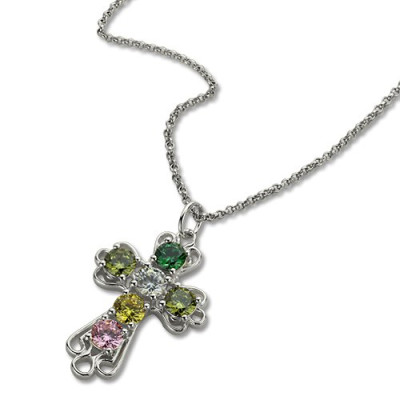 Personalised Cross Necklace with Birthstones Sterling Silver  - Name My Jewellery