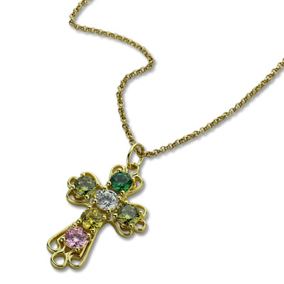 Personalised Cross necklace with Birthstones Gold Plated Silver  - Name My Jewellery