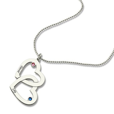 Double Heart Necklace with Name  Birthstones Sterling Silver  - Name My Jewellery