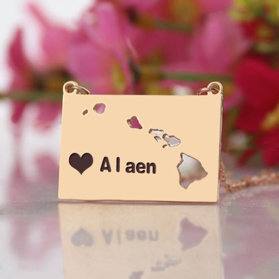 Custom Hawaii State Shaped Necklaces With Heart  Name Rose Gold - Name My Jewellery