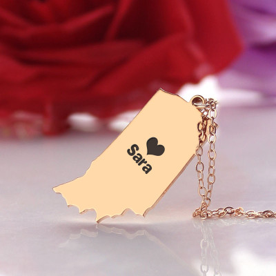 Custom Indiana State Shaped Necklaces With Heart  Name Rose Gold - Name My Jewellery