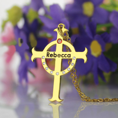 Circle Cross Necklaces with Birthstone  Name 18ct Gold Plated Silver  - Name My Jewellery