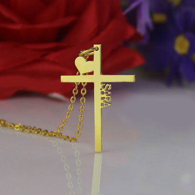 Personalised 18ct Gold Plated Silver Cross Name Necklace with Heart - Name My Jewellery