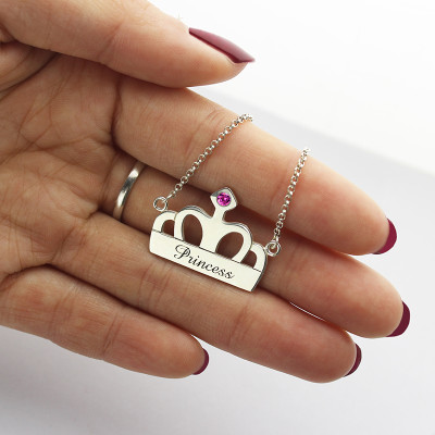 Crown Charm Neckalce with Birthstone  Name Sterling Silver  - Name My Jewellery