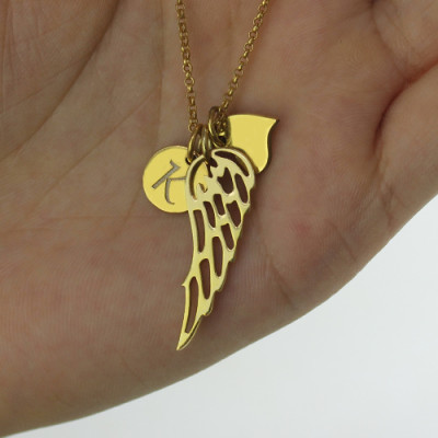 Good Luck Angel Wing Necklace with Initial Charm 18ct Gold Plated - Name My Jewellery
