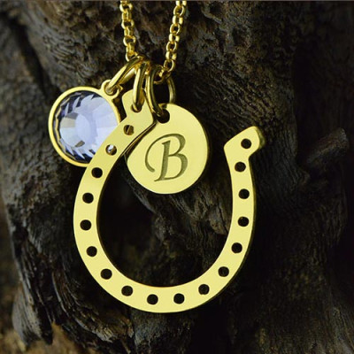 Birthstone Horseshoe Lucky Necklace with Initial Charm 18ct Gold Plate  - Name My Jewellery