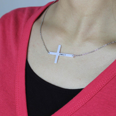 Engraved Silver Latin Cross Name Necklace 1.6" - Name My Jewellery