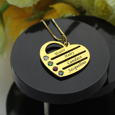 18ct Gold Plated Mothers Birthstone Heart Necklace Engraved Names  - Name My Jewellery