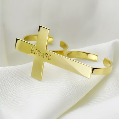 Engraved Name Two finger Cross Ring 18ct Gold Plated - Name My Jewellery