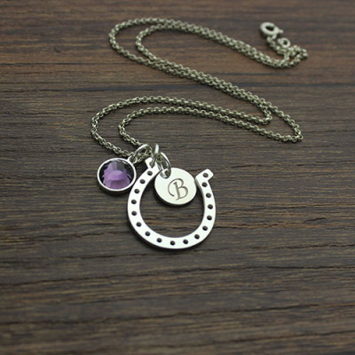 Horseshoe Good Luck Necklace with Initial  Birthstone Charm  - Name My Jewellery