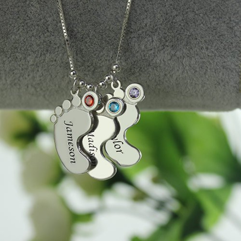 Baby Feet Name and Birthstone Necklace for Mom (Silver) - Talisa Jewelry