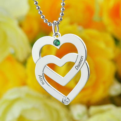 Personalised Double Heart Necklace Engraved Name Sterling Silver - Name My Jewellery