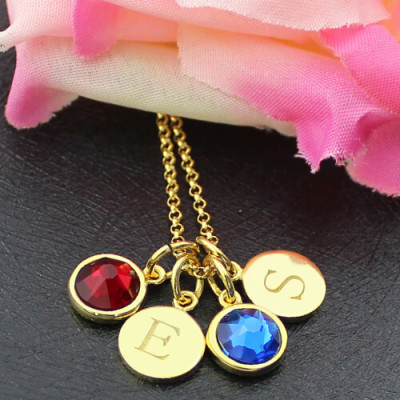Custom Double Discs Initial Necklace with Birthstones In Gold  - Name My Jewellery