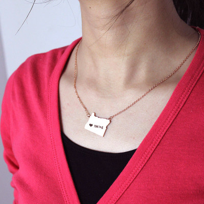 Custom Oregon State USA Map Necklace With Heart  Name Rose Gold - Name My Jewellery