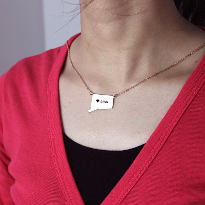 Connecticut Connecticut State Shaped Necklaces With Heart  Name Rose Gold - Name My Jewellery
