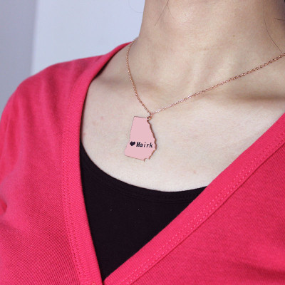 Custom Georgia State Shaped Necklaces With Heart  Name Rose Gold - Name My Jewellery