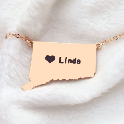Connecticut Connecticut State Shaped Necklaces With Heart  Name Rose Gold - Name My Jewellery