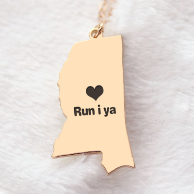 Mississippi State Shaped Necklaces With Heart  Name Rose Gold - Name My Jewellery