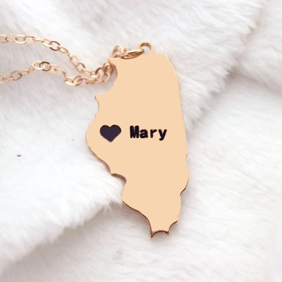 Custom Illinois State Shaped Necklaces With Heart  Name Rose Gold - Name My Jewellery