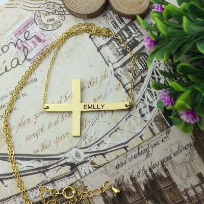 Gold Plated Silver Latin Cross Necklace Engraved Name 1.6" - Name My Jewellery