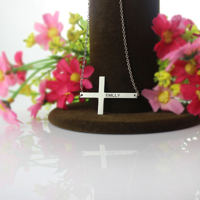 Silver Latin Cross Necklace Engraved Name 1.25" - Name My Jewellery