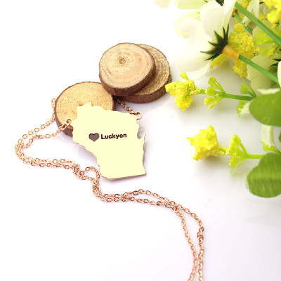 Custom Wisconsin State Shaped Necklaces With Heart  Name Rose Gold - Name My Jewellery