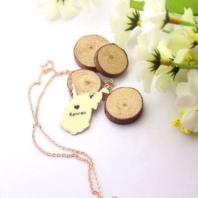 West Virginia State Shaped Necklaces With Heart  Name Rose Gold - Name My Jewellery
